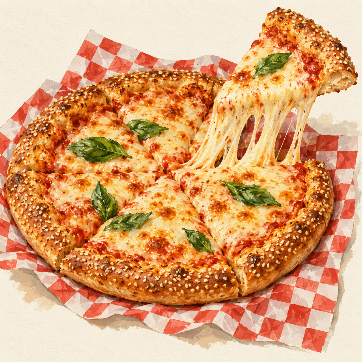 Illustration of a sesame-seed crust cheese pizza with basil, one slice lifted in a cheese pull, on checkered paper