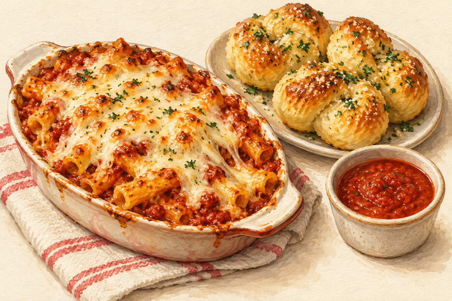 Illustration of a baked ziti dish with garlic knots and a cup of marinara